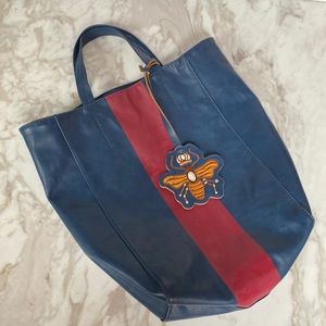 Saks Fifth Avenue Faux Leather Blue Maroon‎ Tote with Queen Bee Statement Tag